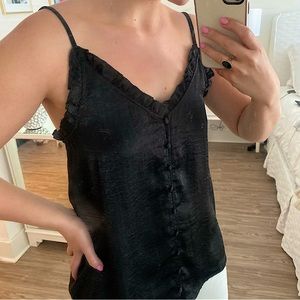 NWOT Black silky tank with button front and ruffle neckline